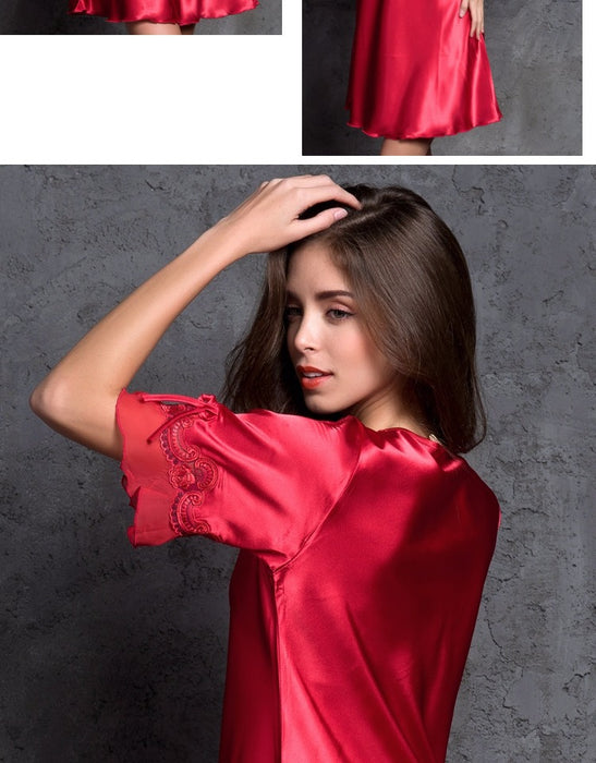 VenusFox Women's Silk Satin Sleepwear Lace Sexy Short Sleeve Nightdress Female Clothing Homewear Nightwear Transparent Nightgown Pajamas