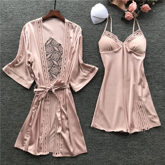 VenusFox Sexy Women's Pajamas Set Lace Trim Bathrobe Sleepwear Pink Sexy Pajamas Lingerie Sleepwear Pajamas Women Home Clothes Nightwear