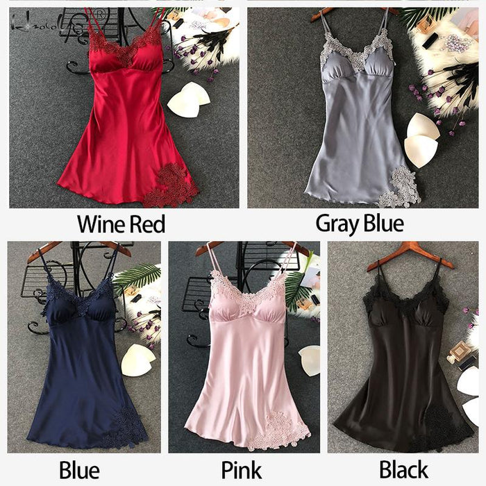 VenusFox Women Silk Sleepshirts Lace Babydoll Lingerie Satin Chemise Nightgown V Neck Sleepwear Nighty Nightgown wWith Chest Pad Homewear