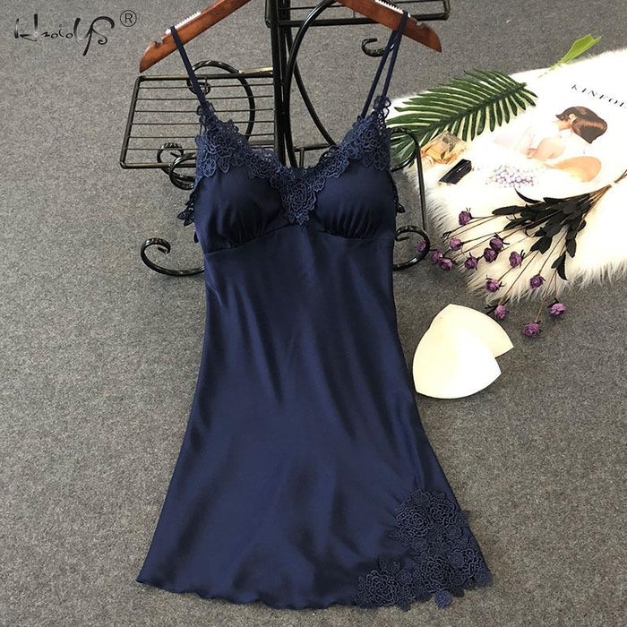 VenusFox Women Silk Sleepshirts Lace Babydoll Lingerie Satin Chemise Nightgown V Neck Sleepwear Nighty Nightgown wWith Chest Pad Homewear