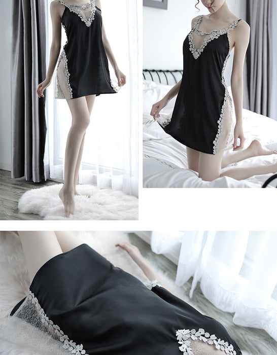 VenusFox Explosive Ladies Sexy Sling Lace Skirt Chest Hollow Nightdress Beauty Mesh High Slit Embroidery Sexy Lingerie