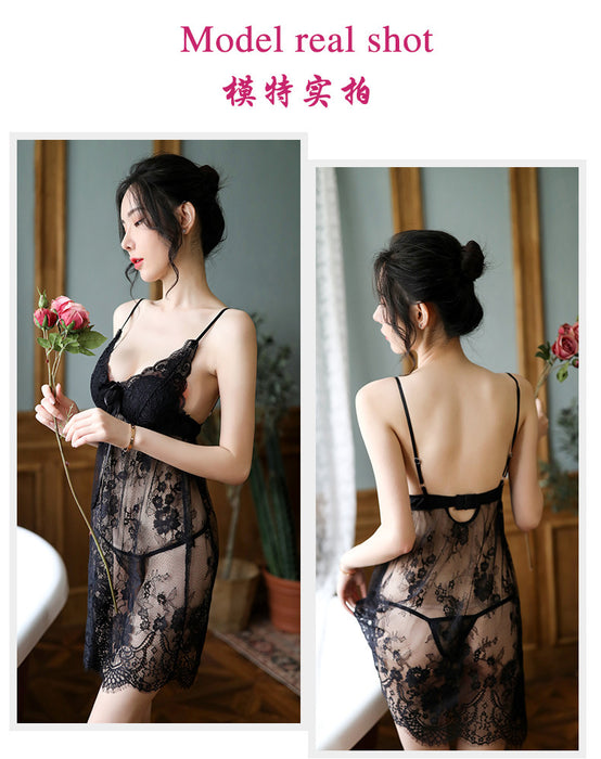 VenusFox Sexy Lingerie Temptation Suit Sexy V-neck Chest Pad Gathered Pajamas Women Transparent Lace Suspender Nightdress