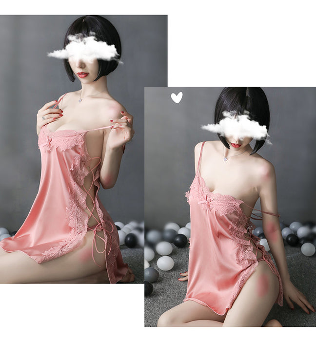 VenusFox Bathrobe Sexy Underwear High-end Satin Lace Pajamas Women Halter Strap Suit Nightdress Home Service Sexy Lingerie