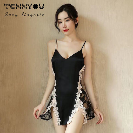 VenusFox Sexy Lace Applique High Fork Sling Backless Passion Black Seduction Nightdress Women's Underwear Pajamas