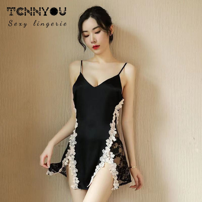 VenusFox Sexy Lace Applique High Fork Sling Backless Passion Black Seduction Nightdress Women's Underwear Pajamas