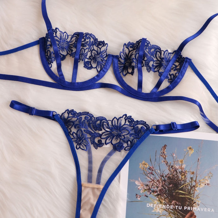 VenusFox Women Sexy Lingerie Set Transparent Floral Embroidery Push Up Bra Panty Erotic Costumes Temptation Sensual Underwear Blue