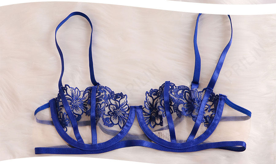 VenusFox Women Sexy Lingerie Set Transparent Floral Embroidery Push Up Bra Panty Erotic Costumes Temptation Sensual Underwear Blue