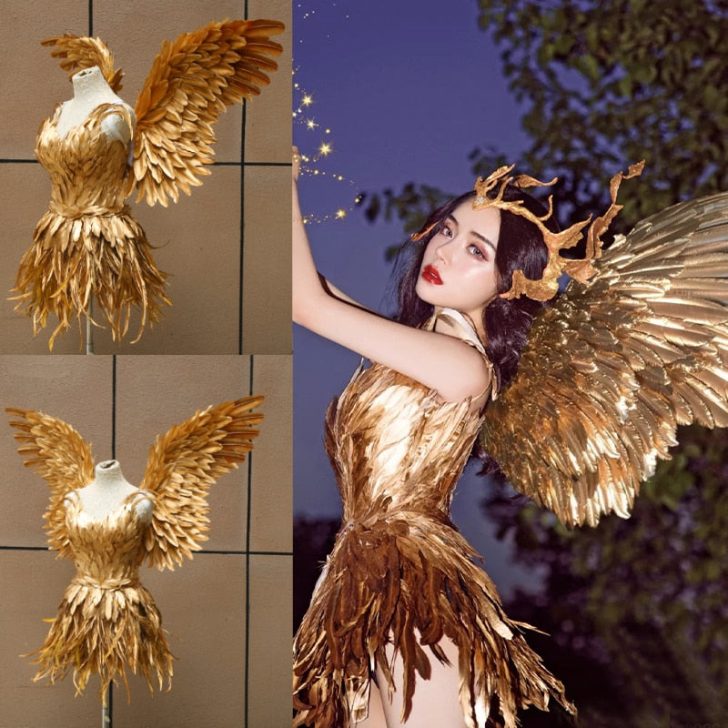 VenusFox gold feather fairy wings sexy cosplay costumes suit party victorian dress princess girl Halloween costumes red wing for women