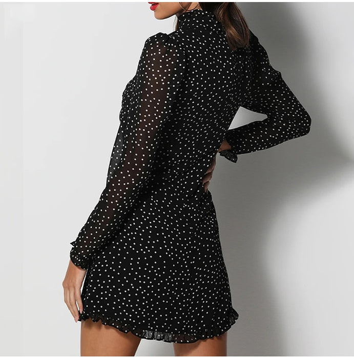 VenusFox Southpire Sexy Lace Up V-Neck Day Mini Dress Women's Black Polka Dot Chiffon Party Dress Vintage Elegant Daily Clothes Female