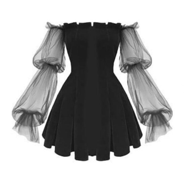 VenusFox Gothic Sexy Dress Vintage Off Shoulder Lanter Sleeve Mesh Patchwork Velvet Mini Dress Dark Street Black Dress For Female