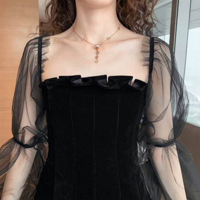 VenusFox Gothic Sexy Dress Vintage Off Shoulder Lanter Sleeve Mesh Patchwork Velvet Mini Dress Dark Street Black Dress For Female