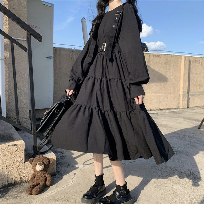 VenusFox Gothic Style Dress Women Harajuku Gothic Lolita Kawaii Dress Punk Cute Long Sleeve Black Midi Dress