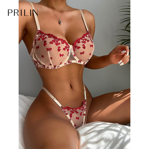 VenusFox Women Sexy Lingerie Sets Transparent Red Heart Adjustable Straps Underwire Bras See Through Panties Erotic Underwear