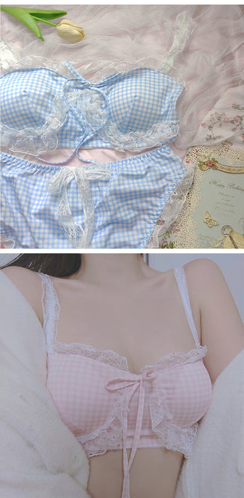 VenusFox Sweet Girls Japanese Student Kawaii Underwear Lace Plaid Lingerie Bra and Panty Set Lolita Pink Bra