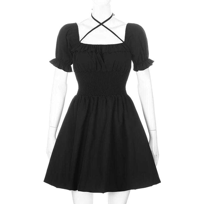 VenusFox Dark Academia Goth Black Dress Women 2021 Gothic Puff Sleeve Ruched Mini Dress Vintage Square Collar Bandage Party Robe