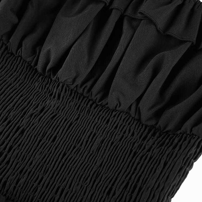 VenusFox Dark Academia Goth Black Dress Women 2021 Gothic Puff Sleeve Ruched Mini Dress Vintage Square Collar Bandage Party Robe