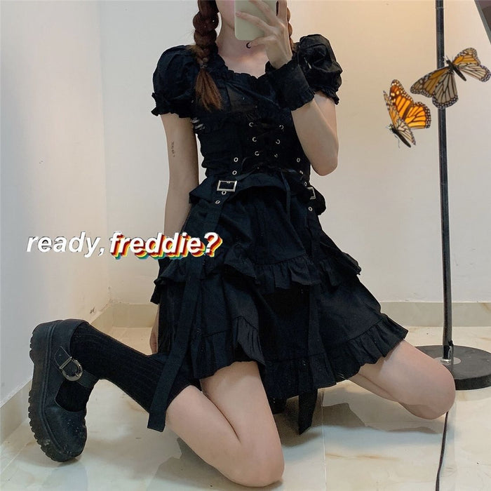 VenusFox Women's Gothic Lolita Dress Gothic Punk Mall Goth Kawaii Cute Ruffle Bandage Black Mini Dress Emo Clothes Summer