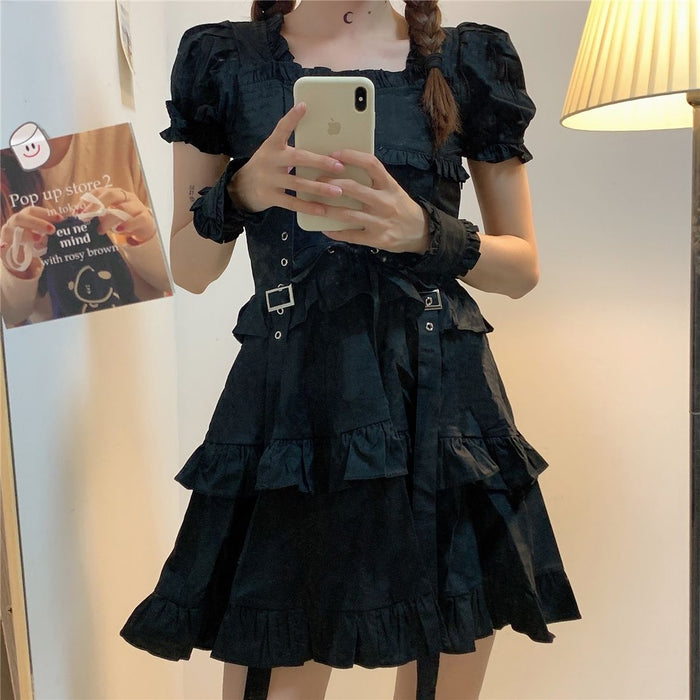 VenusFox Women's Gothic Lolita Dress Gothic Punk Mall Goth Kawaii Cute Ruffle Bandage Black Mini Dress Emo Clothes Summer