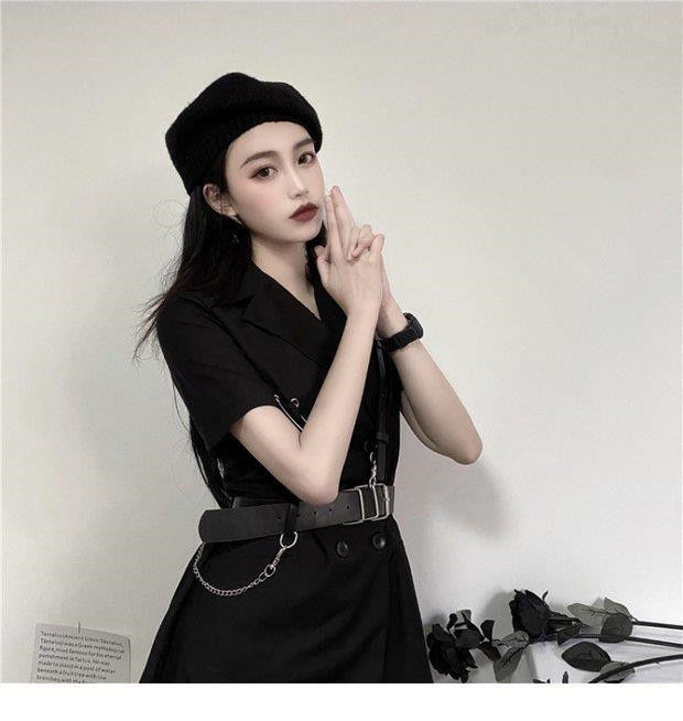 VenusFox Gothic Punk Blazer Dress Women Summer Streetwear Goth Harajuku Korean Fashion Black Mini Dress Staple Short Sleeve