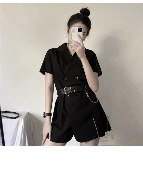 VenusFox Gothic Punk Blazer Dress Women Summer Streetwear Goth Harajuku Korean Fashion Black Mini Dress Staple Short Sleeve