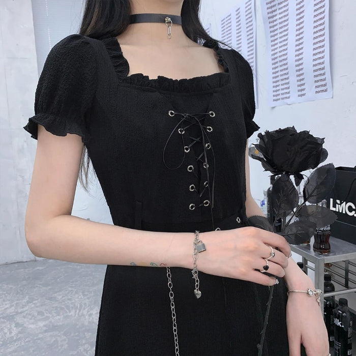 VenusFox Women's Goth Dress Summer Harajuku Punk Black Mini Dress Gothic Dark Streetwear Bandage Chain Cool Girl Sexy Y2K Outfits