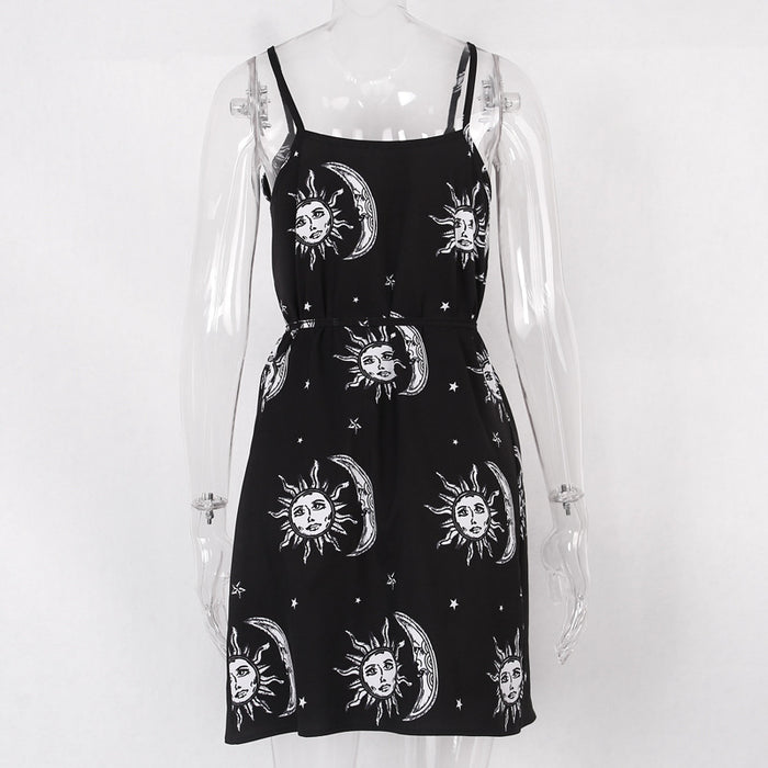 VenusFox Women Black Mini Dress Goth Dark Harajuku Slip Backless Dresses Sun Moon Printed Sundrsses Gothic Clothes Streetwear