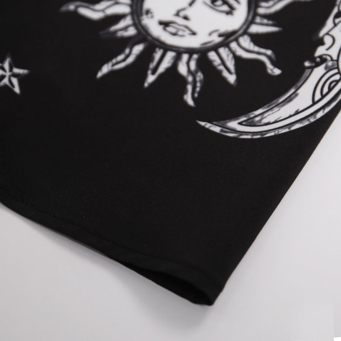 VenusFox Women Black Mini Dress Goth Dark Harajuku Slip Backless Dresses Sun Moon Printed Sundrsses Gothic Clothes Streetwear