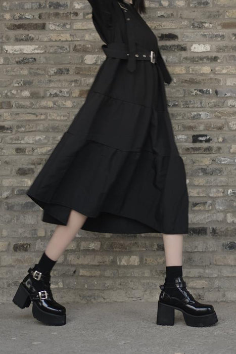 VenusFox Gohtic Harajuku Dress For Girls Spring Goth Lolita Style Kawaii Cute Princess Long Sleeve Balck Midi Dress Streetwear