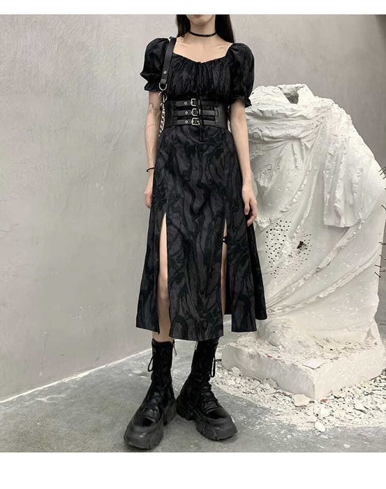 VenusFox Goth Dress Woman Harajuku Dark Black Long Dress Tie Dye Gothic Punk Split Fork Puff Sleeve Vintage Summer Streetwear
