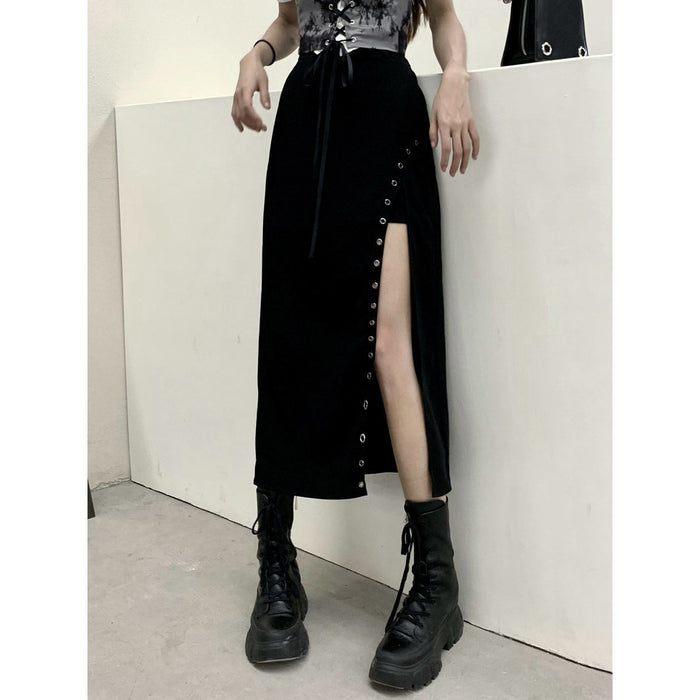 VenusFox Goth Dress Woman Harajuku Dark Black Long Dress Tie Dye Gothic Punk Split Fork Puff Sleeve Vintage Summer Streetwear