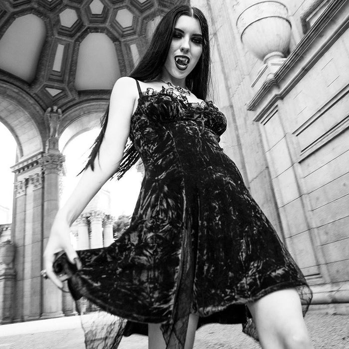 VenusFox Mall Gothic Vintage Velvet Grunge Mini Dresses Women Sexy Low Cut High Waist Slit Dress Goth Lolita Noble Velvet Party Dresses
