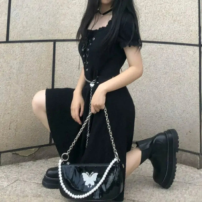 VenusFox Women's Goth Dress Summer Harajuku Punk Black Mini Dress Gothic Dark Streetwear Bandage Chain Cool Girl Sexy Y2K Outfits