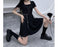 VenusFox Women's Goth Dress Summer Harajuku Punk Black Mini Dress Gothic Dark Streetwear Bandage Chain Cool Girl Sexy Y2K Outfits