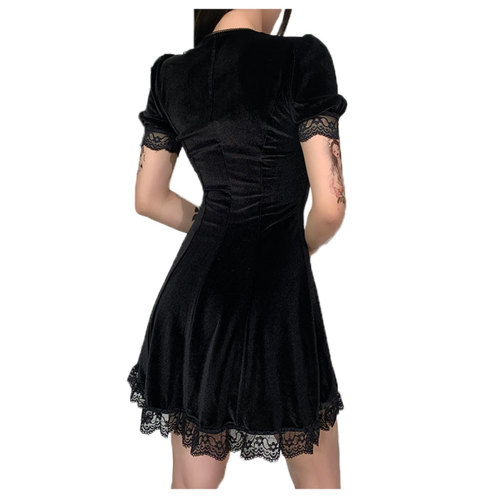 VenusFox Vintage Dark Black Dress Velvet Dress Mall Goth Y2k Sexy Square Collar Puff Sleeve Lace Patchwork High Waist Party Dress Vestido