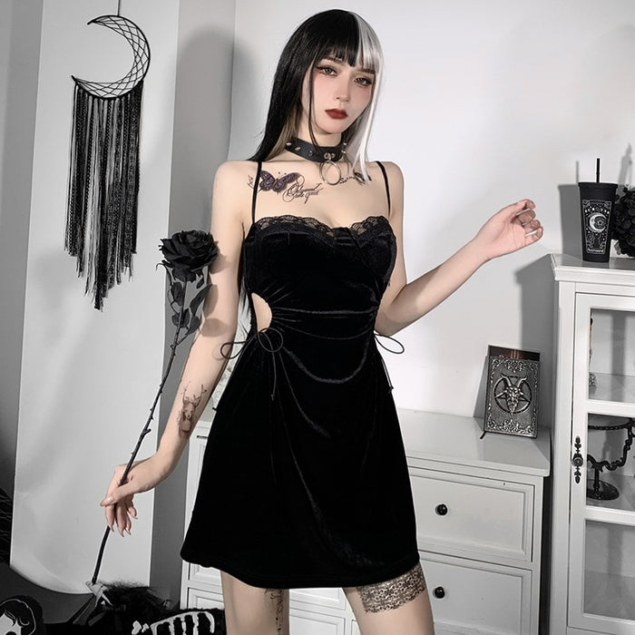 VenusFox Goth Apparel Black Sexy Lace Dress Trim A Line Mini Dresses Side Drawstring Hollow Out Punk Party Clubwear Camisole Dress