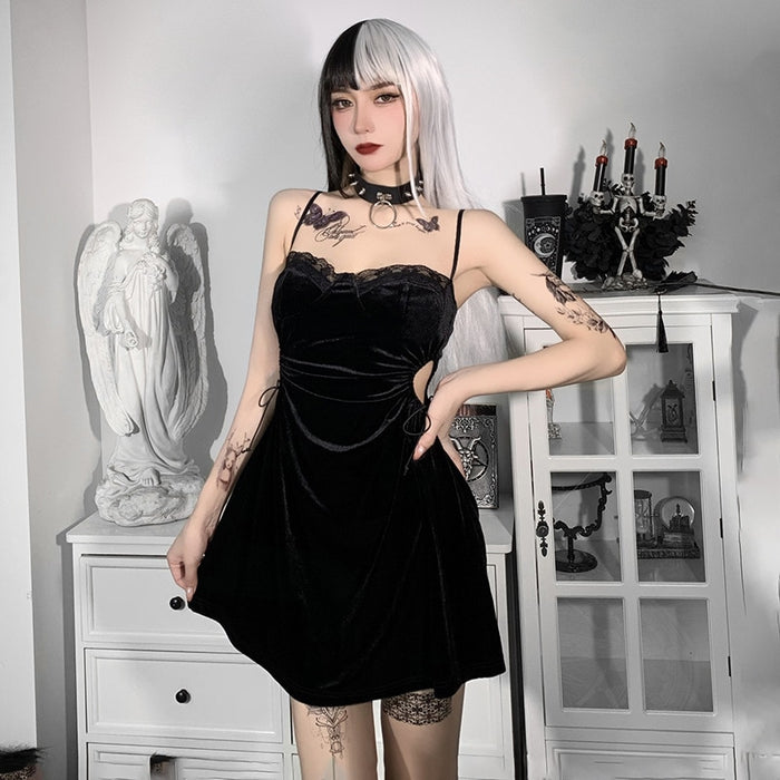 VenusFox Goth Apparel Black Sexy Lace Dress Trim A Line Mini Dresses Side Drawstring Hollow Out Punk Party Clubwear Camisole Dress