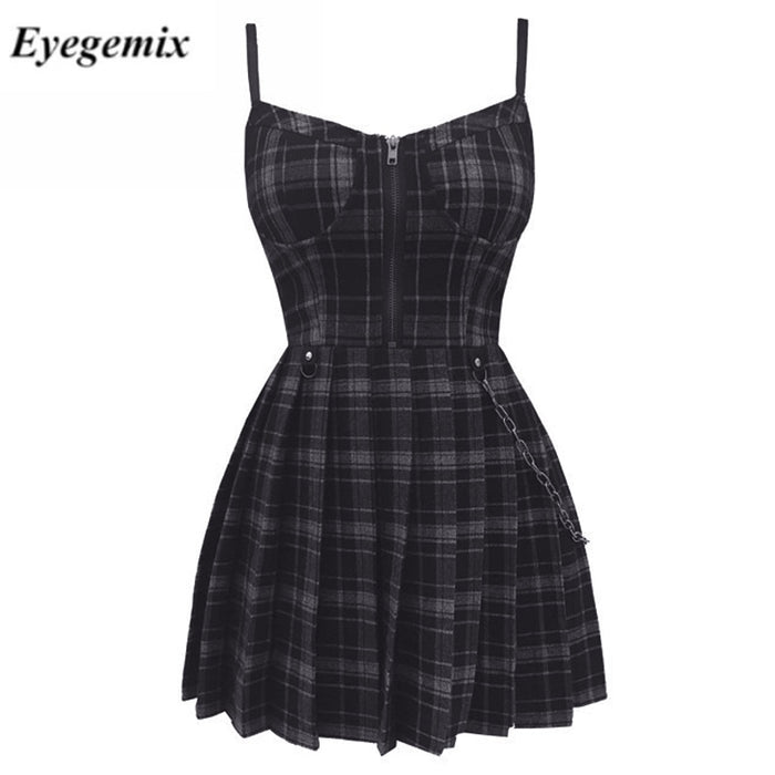 VenusFox Gothic Girls Plaid Pleated Punk Dress Preppy Style Red Black Spaghetti Strap Sexy Sleeveless Mini Short Dresses Goth Streetwear