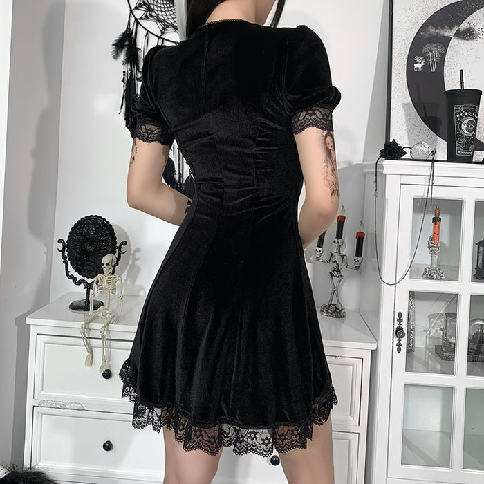VenusFox Vintage Lace Black Dress Goth Sexy High Waist Mini Dress Aesthetic Elegant Short Sleeve A Line Dress Party Club Wear
