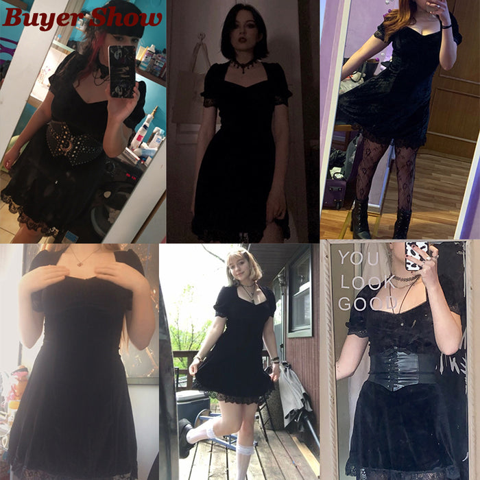 VenusFox Vintage Lace Black Dress Goth Sexy High Waist Mini Dress Aesthetic Elegant Short Sleeve A Line Dress Party Club Wear