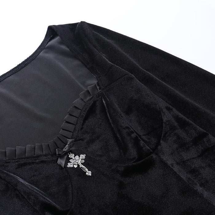VenusFox High Waist Vintage Black Dress Female Goth Lolita Cross Pendant Lace Pleated Dress Goth Harajuku Party Club Frock Streetwear