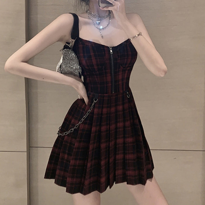 VenusFox Gothic Girls Plaid Pleated Punk Dress Preppy Style Red Black Spaghetti Strap Sexy Sleeveless Mini Short Dresses Goth Streetwear
