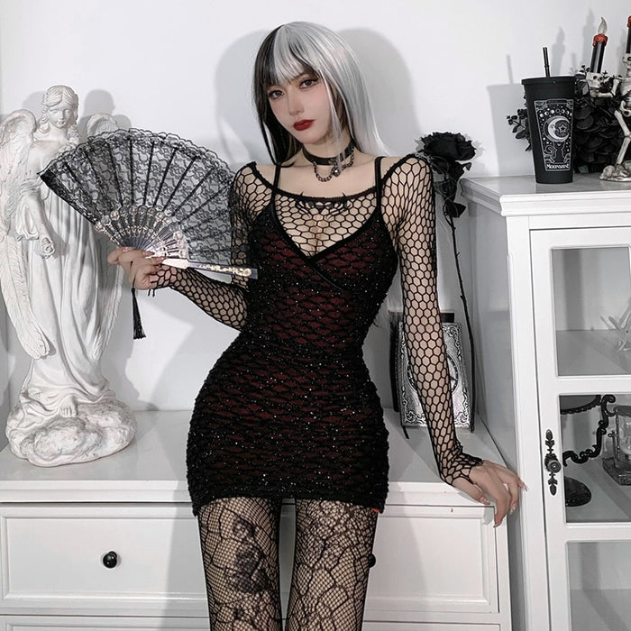 VenusFox Goth Apparel Sexy V Neck Sleeveless Mesh Red Dress Gothic Women Spaghetti Strap Bodycon Backless High Waist Mini Dress