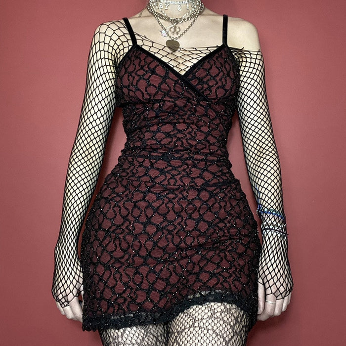 VenusFox Goth Apparel Sexy V Neck Sleeveless Mesh Red Dress Gothic Women Spaghetti Strap Bodycon Backless High Waist Mini Dress