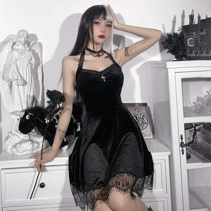 VenusFox Goth Apparel Black Summer Dress For Women Vintage Lace Lace Up Halter Sexy Backless Bodycon Harajuku Aesthetic Elegant Dresses