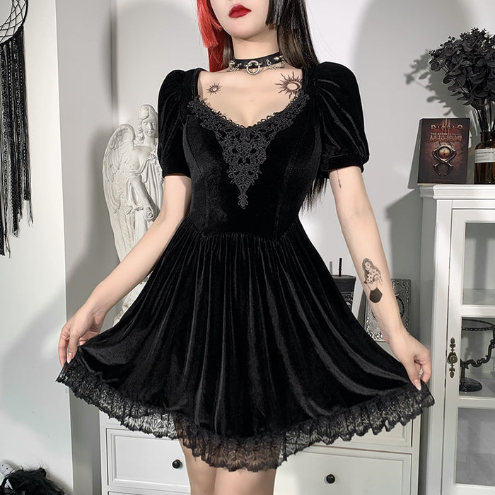 VenusFox Vintage Gothic Velvet Black Summer Dresses Mall Goth Aesthetic Short Sleeve Women Mini Dress Punk Lace Bodycon Clothes