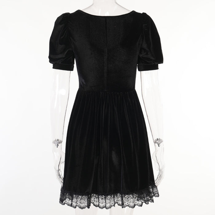 VenusFox Vintage Gothic Velvet Black Summer Dresses Mall Goth Aesthetic Short Sleeve Women Mini Dress Punk Lace Bodycon Clothes