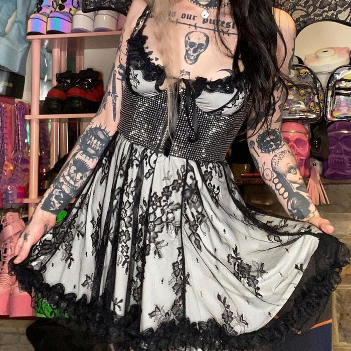 VenusFox Women Summer Goth Punk Black Party Mini Dresses Sexy Dark Gothic Floral Lace Layer Minidress Emo Night Party Wear Robe