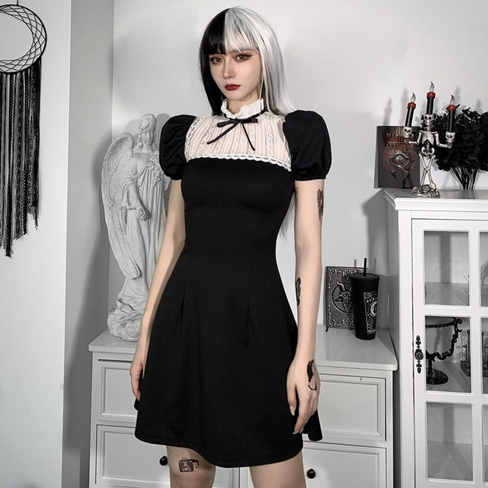 VenusFox Goth Apparel Black Sexy Summer Dresses Women Harajuku Preppy Style Bandage High Waist Dress Patchwork Aesthetic Party Dress