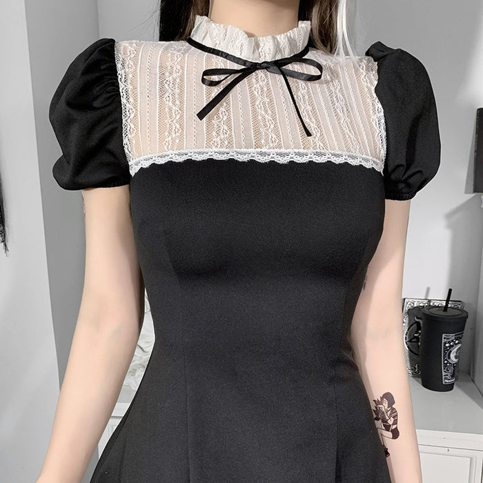 VenusFox Goth Apparel Black Sexy Summer Dresses Women Harajuku Preppy Style Bandage High Waist Dress Patchwork Aesthetic Party Dress