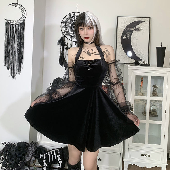 VenusFox Velvet Gothic Aesthetic Black Halter Mini Dresses Mall Goth Harajuku Women Bodycon Dress Sexy Long Sleeve Party Emo Clothes